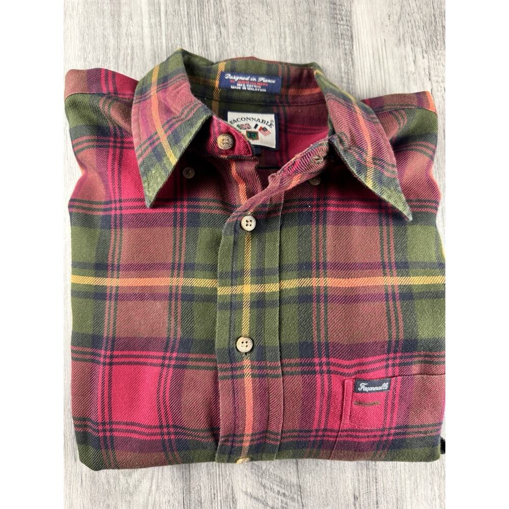 Faconnable Men’s Flannel Plaid Button Down Long Sleeve Large